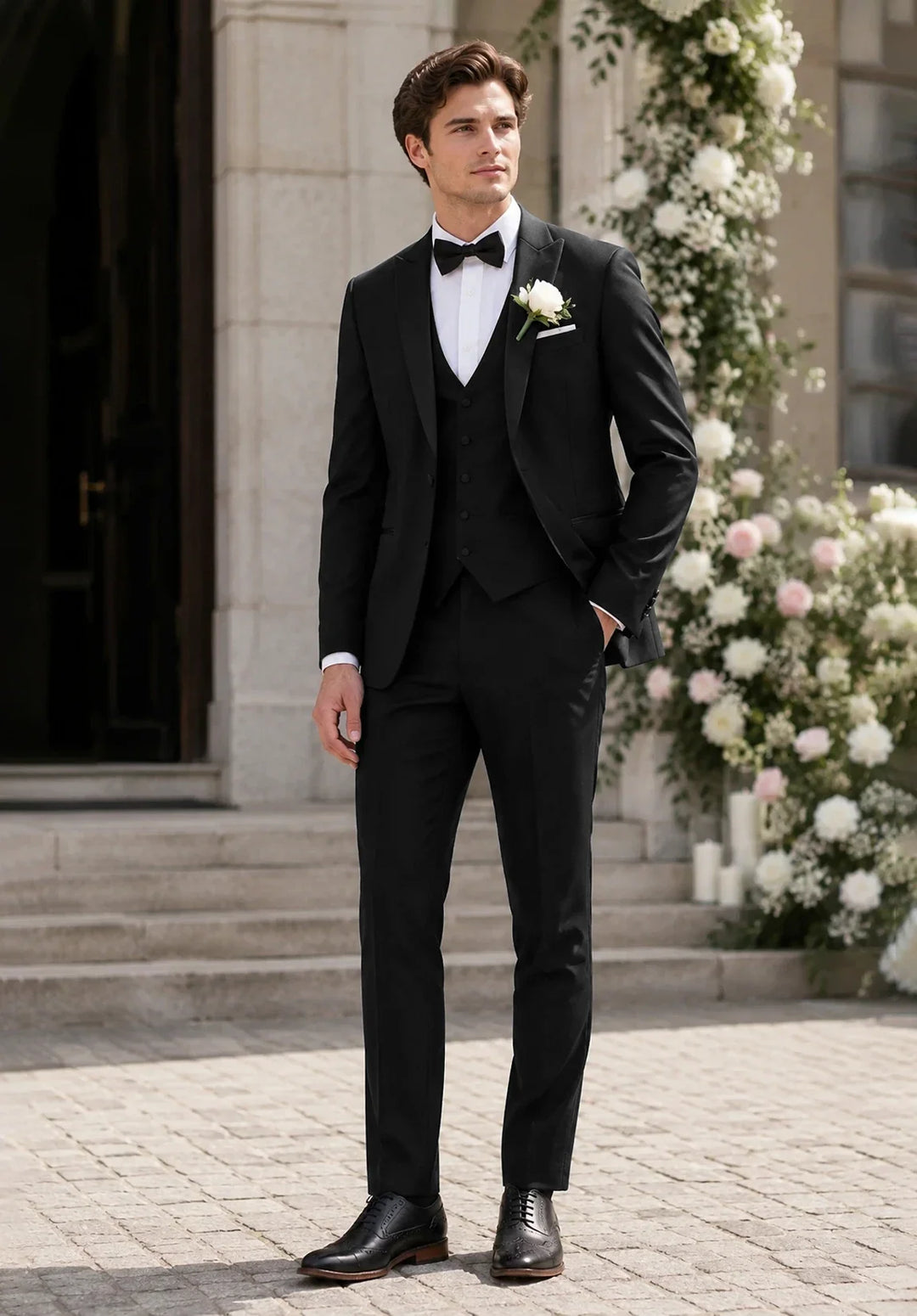 Costume Trois Pièces Homme Coupe Slim avec Col Notch et Gilet Assorti Élégant