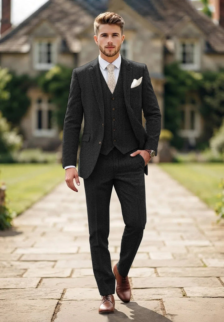 Costume Trois Pièces Homme Coupe Regular en Chevrons avec Col Notch et Poches à Rabat