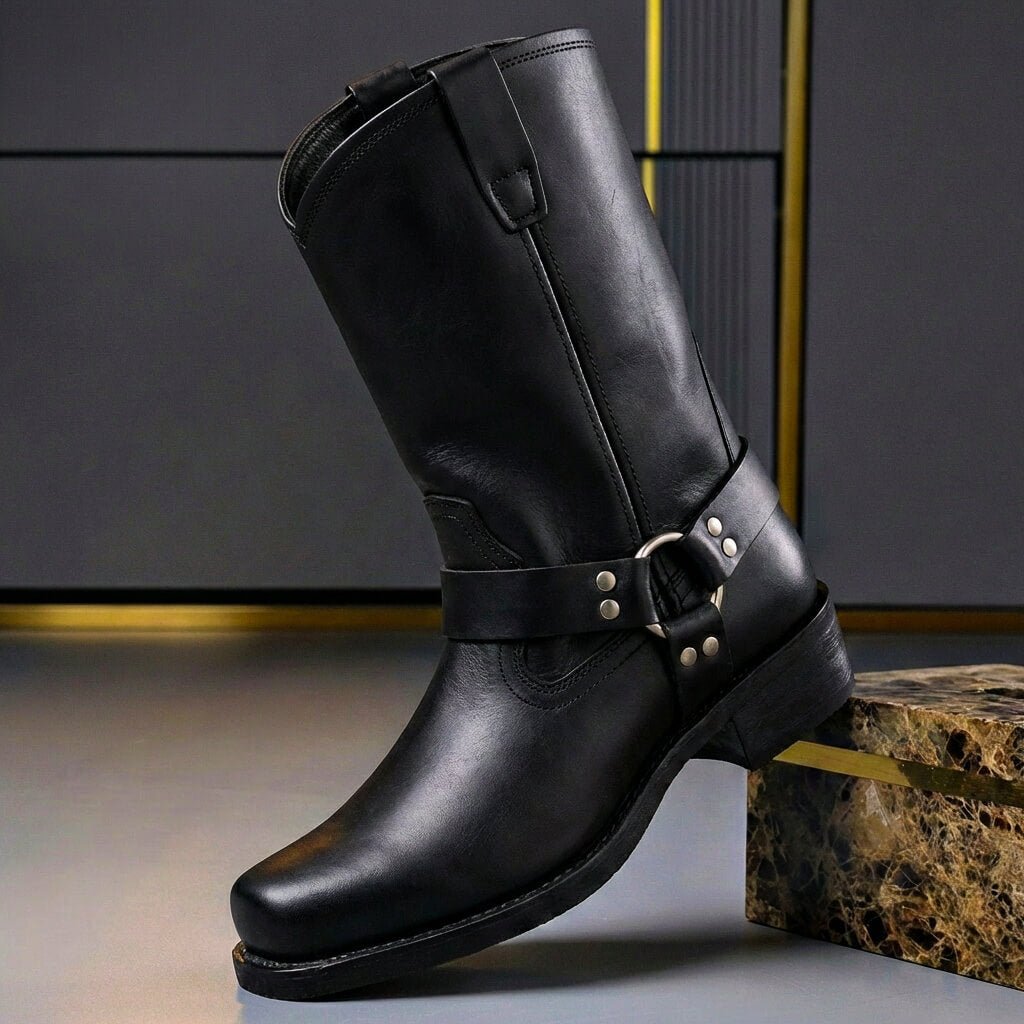 Hohe Herren-Westernstiefel mit Schnalle und runder Zehenpartie