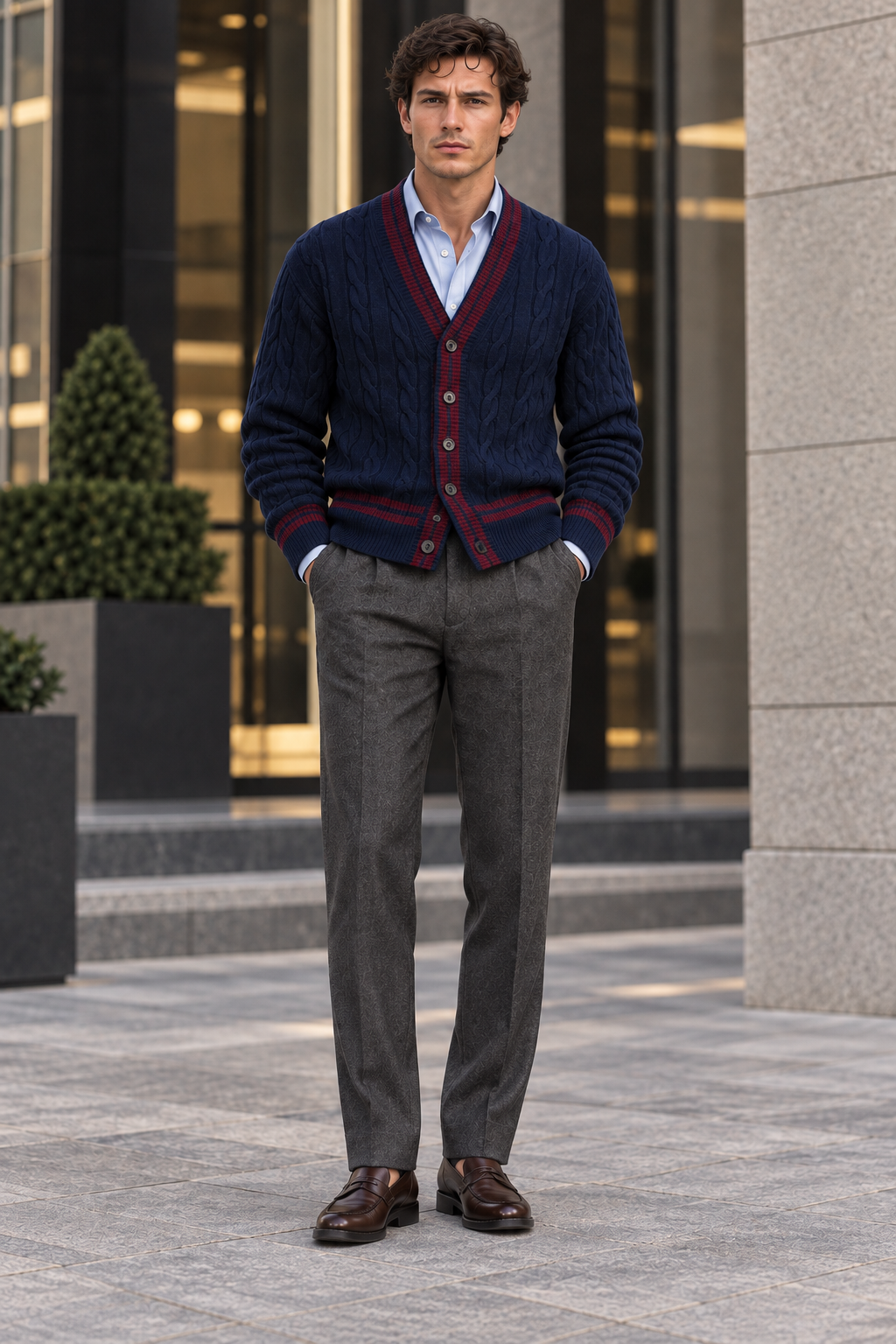 Men's V-Neck Button-Front Cardigan with Contrast Trim and Ribbed Hem