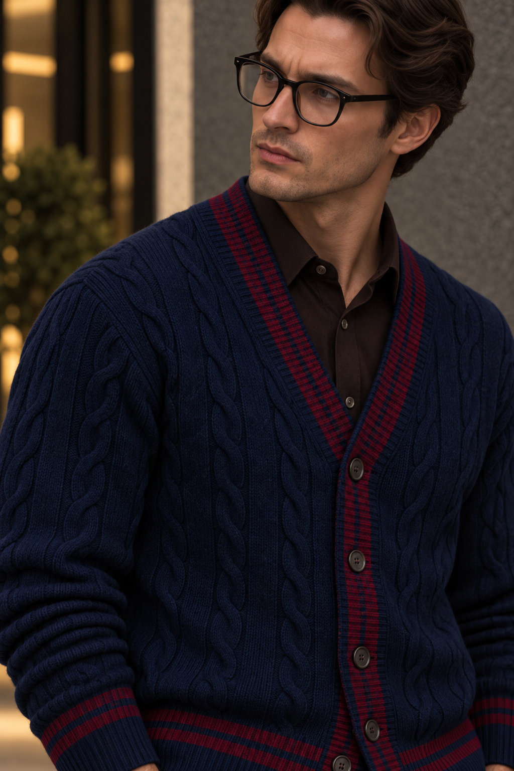 Men's V-Neck Button-Front Cardigan with Contrast Trim and Ribbed Hem