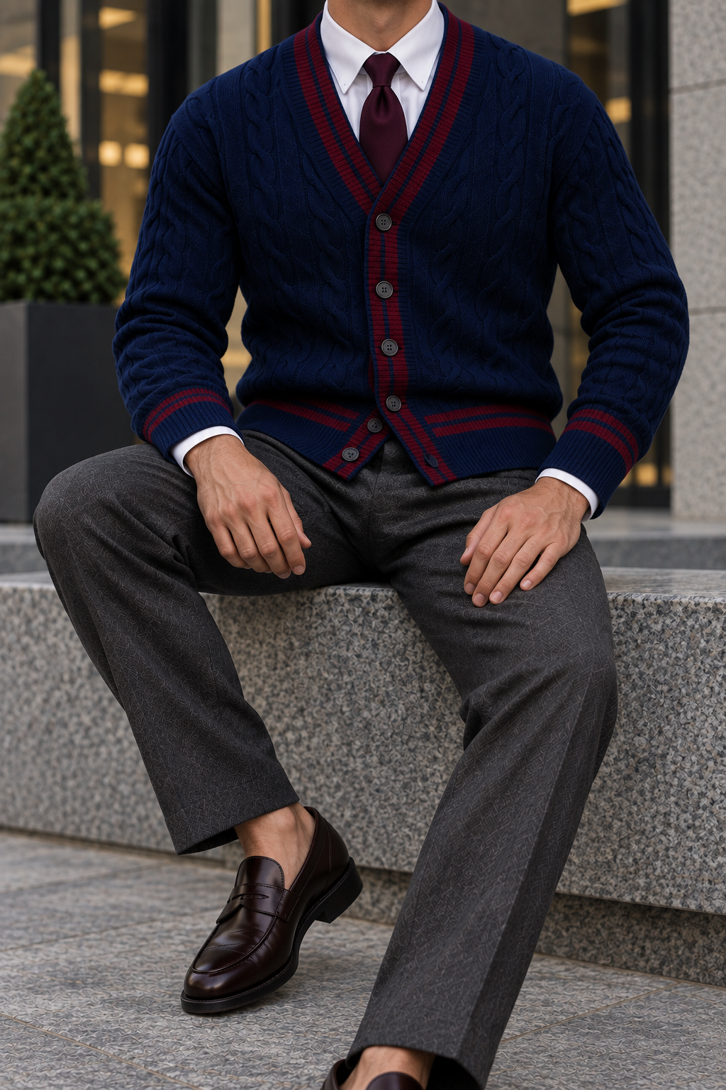 Men's V-Neck Button-Front Cardigan with Contrast Trim and Ribbed Hem