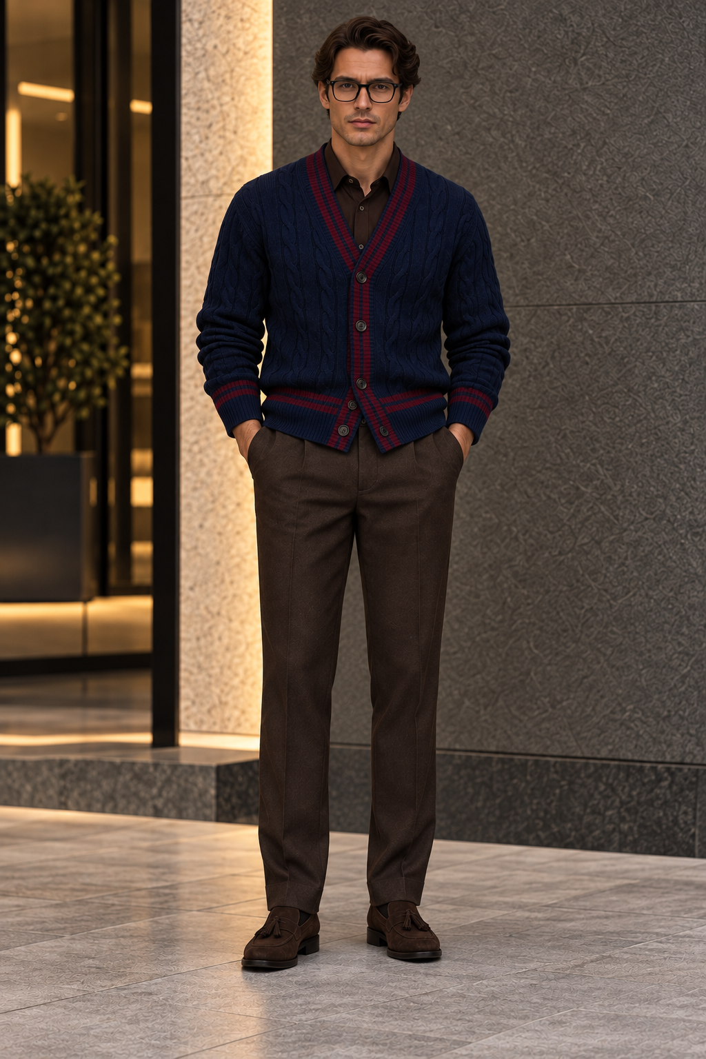Men's V-Neck Button-Front Cardigan with Contrast Trim and Ribbed Hem