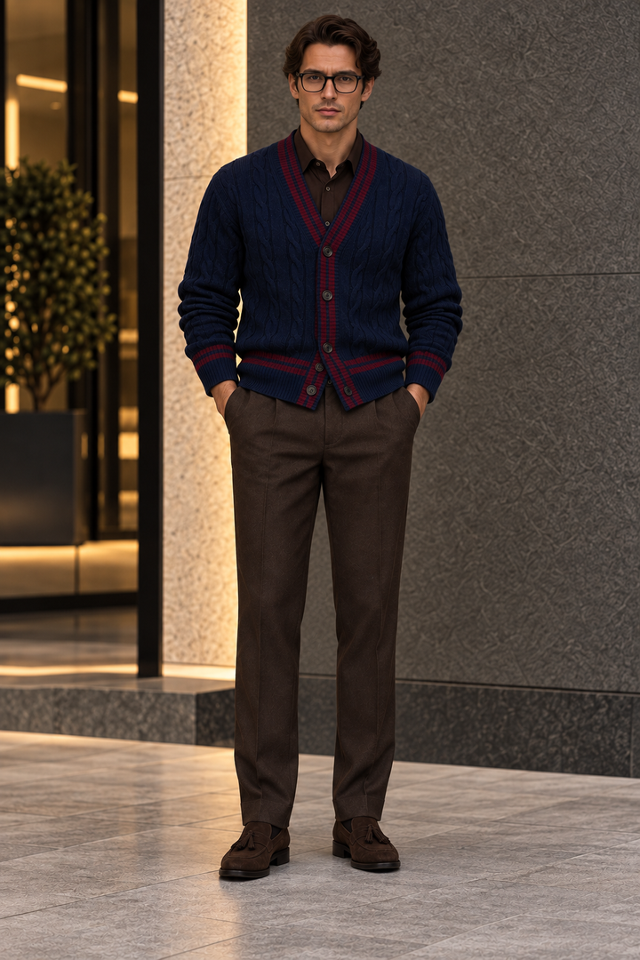 Men's V-Neck Button-Front Cardigan with Contrast Trim and Ribbed Hem