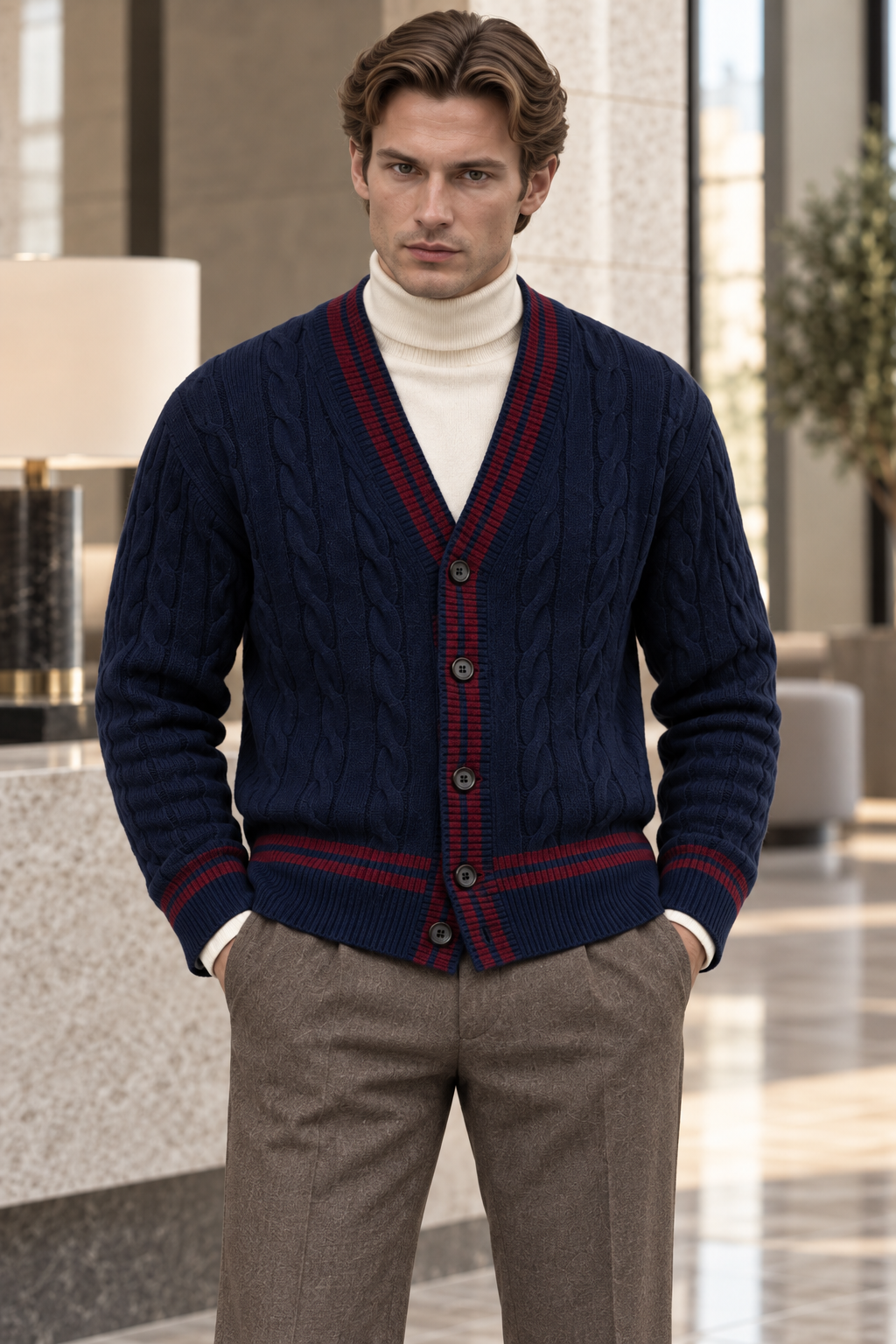 Men's V-Neck Button-Front Cardigan with Contrast Trim and Ribbed Hem