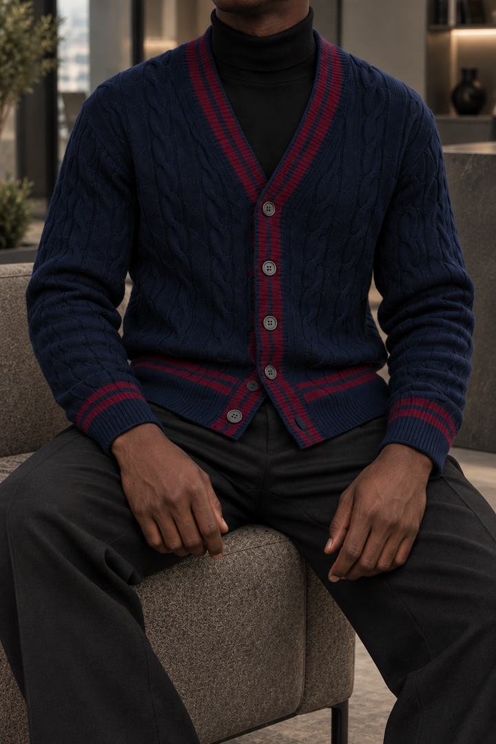 Men's V-Neck Button-Front Cardigan with Contrast Trim and Ribbed Hem
