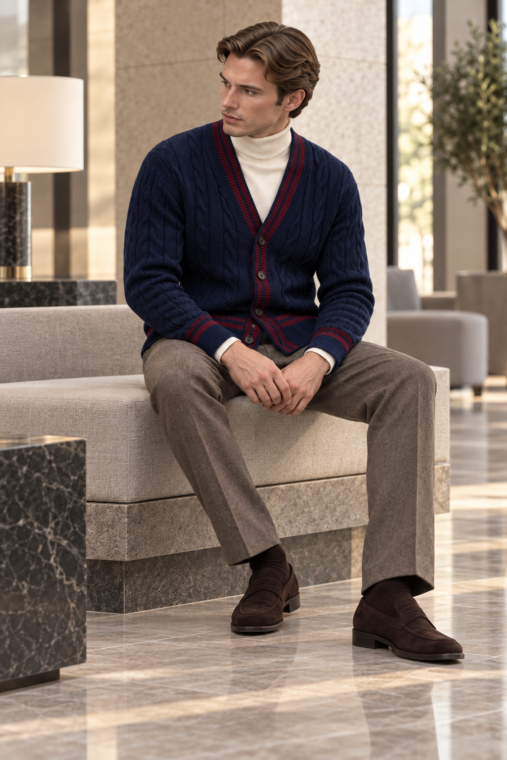 Men's V-Neck Button-Front Cardigan with Contrast Trim and Ribbed Hem