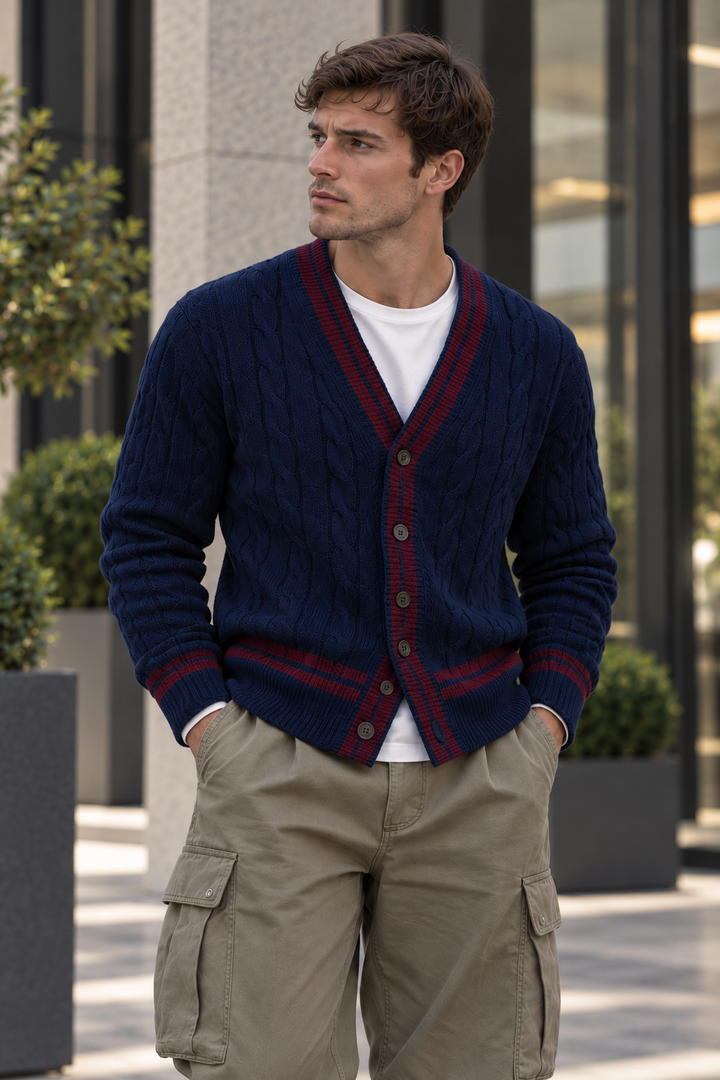 Men's V-Neck Button-Front Cardigan with Contrast Trim and Ribbed Hem