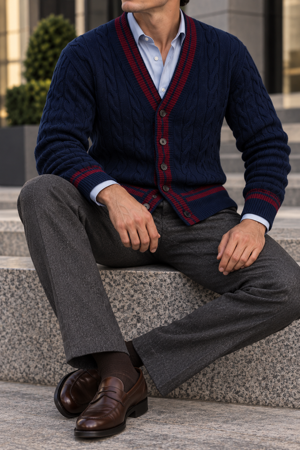 Men's V-Neck Button-Front Cardigan with Contrast Trim and Ribbed Hem