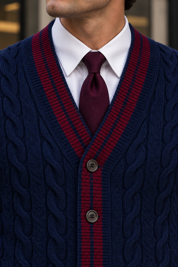 Men's V-Neck Button-Front Cardigan with Contrast Trim and Ribbed Hem