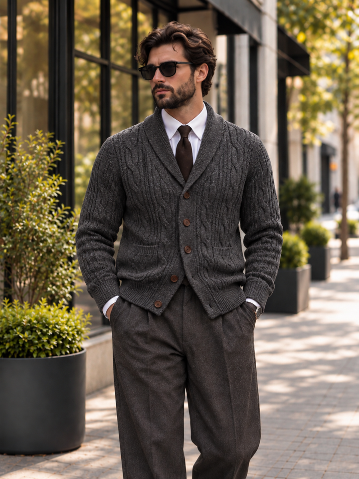 Men's cable-knit shawl-collar cardigan