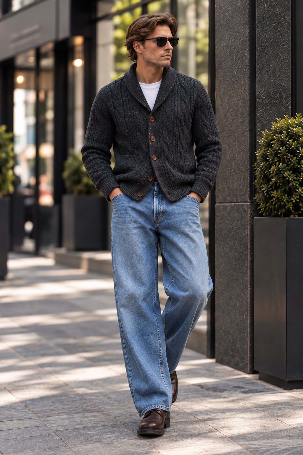Men's cable-knit shawl-collar cardigan