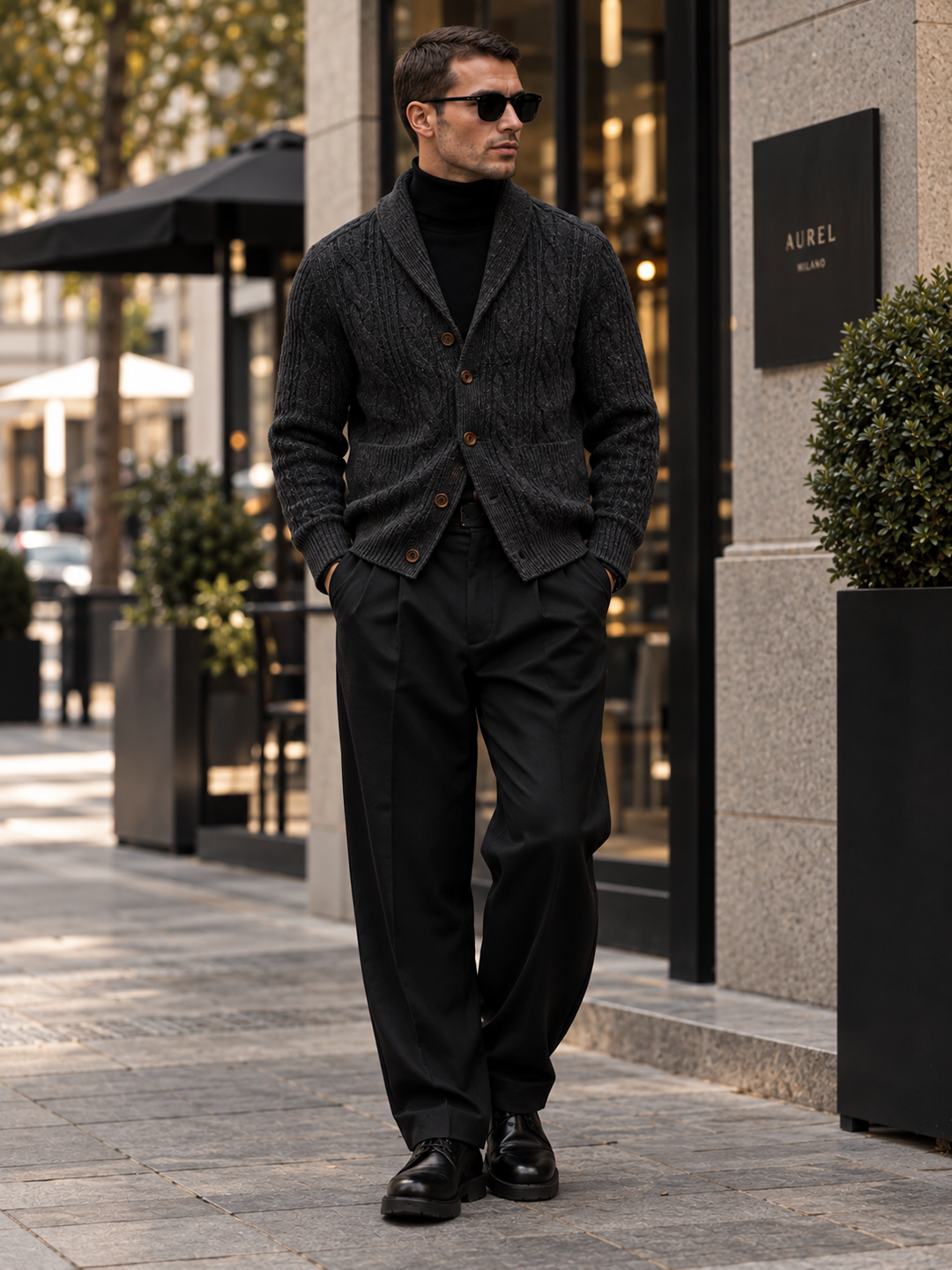 Men's cable-knit shawl-collar cardigan
