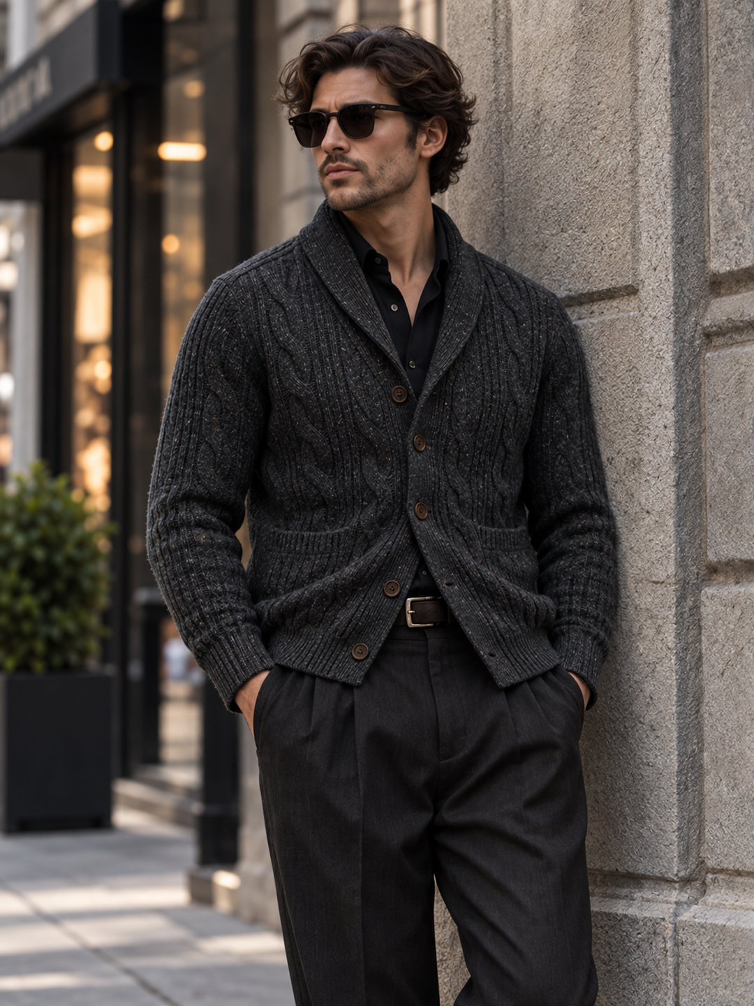 Men's cable-knit shawl-collar cardigan