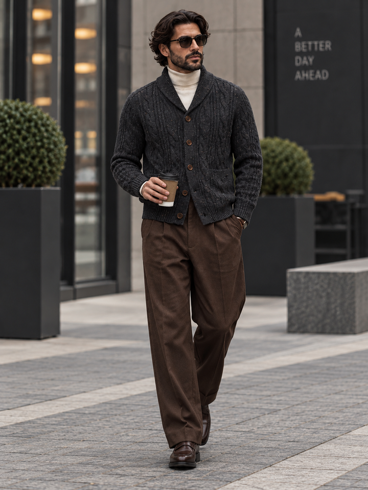 Men's cable-knit shawl-collar cardigan