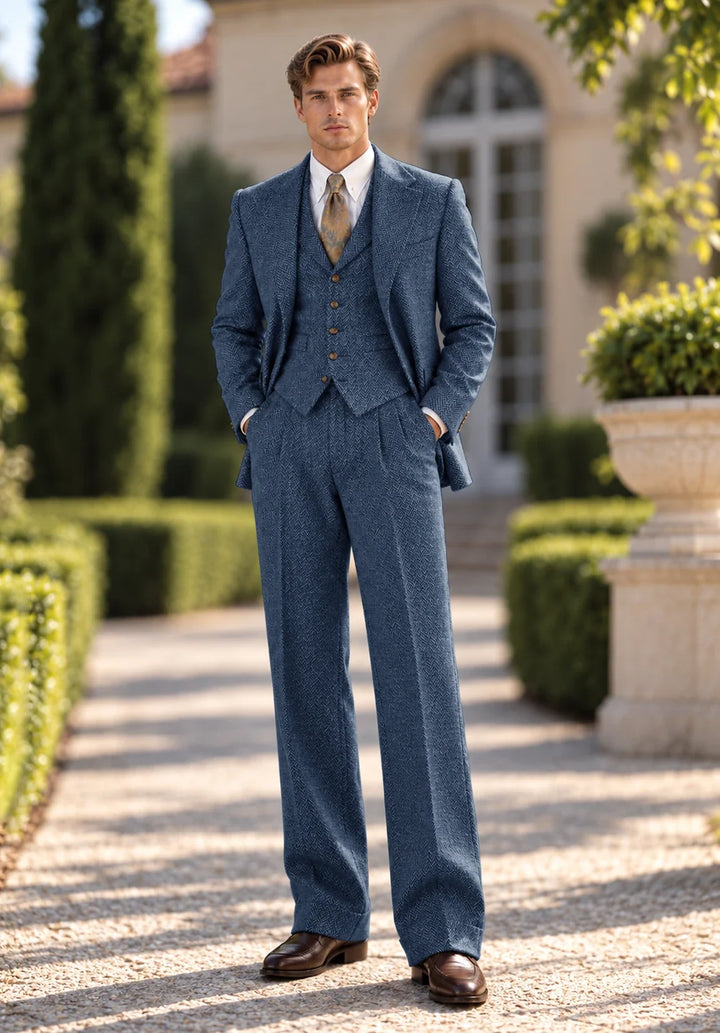 Costume Trois Pièces Homme Coupe Moderne en Chevrons avec Gilet Assorti