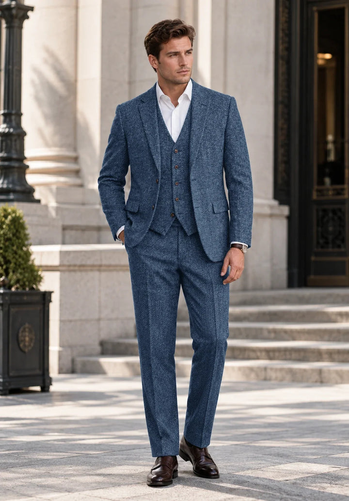 Completo uomo tre pezzi slim fit a spina di pesce con gilet abbottonato