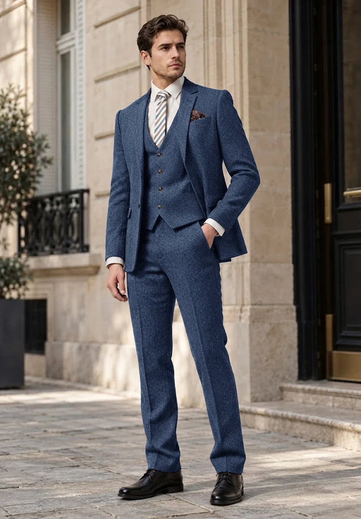 Costume Trois Pièces Homme Coupe Regular en Chevrons avec Gilet Boutonné