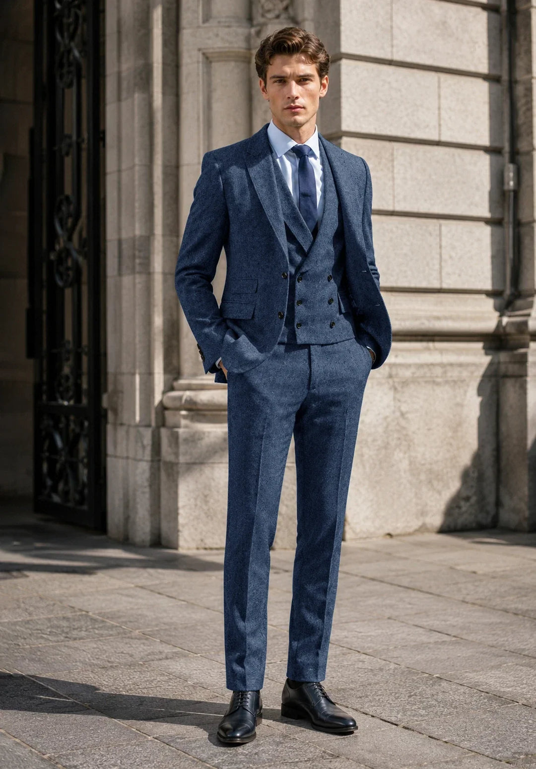 Abito da uomo a tre pezzi slim fit con motivo a spina di pesce, rever a lancia e gilet doppiopetto