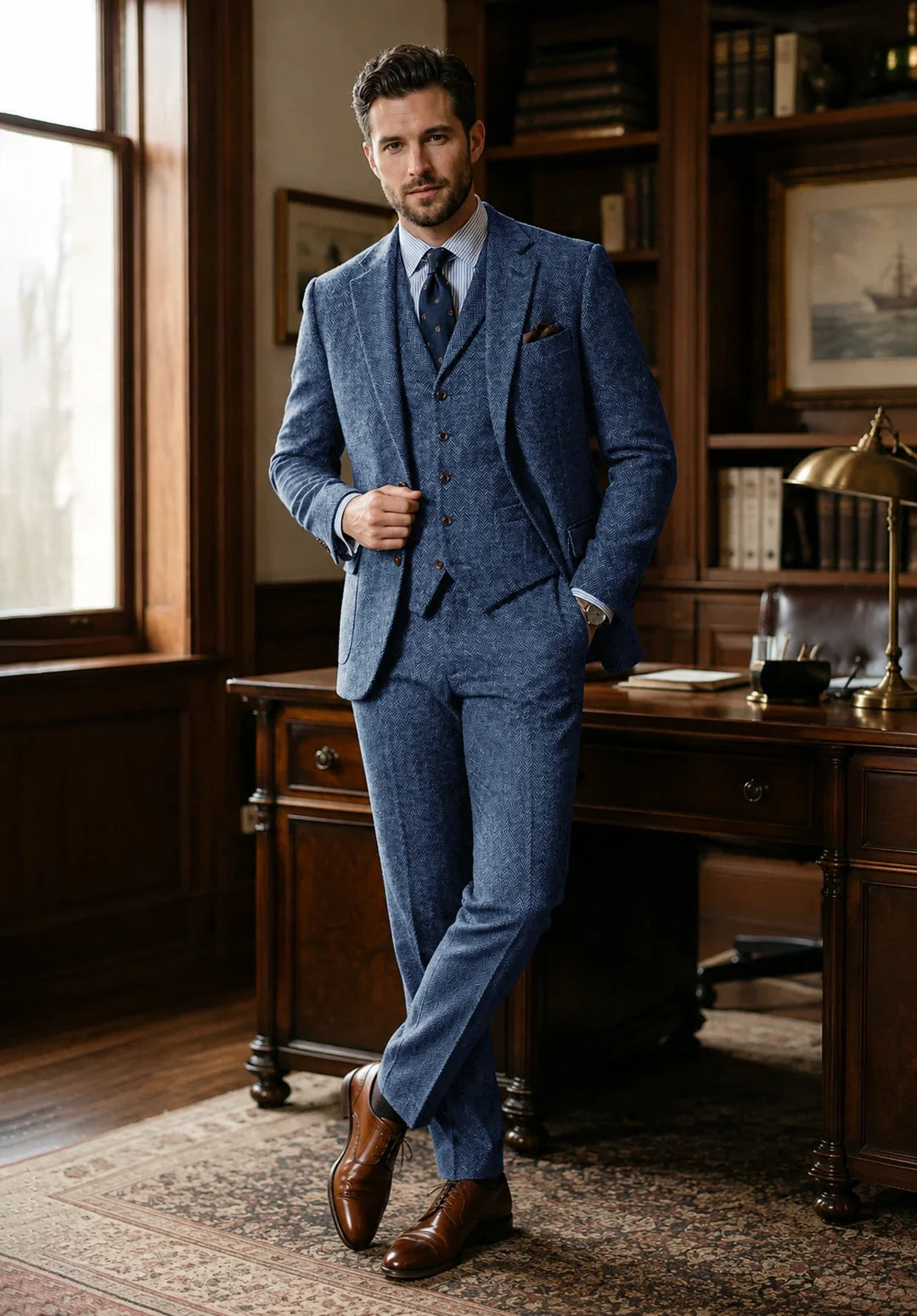 Costume Trois Pièces Homme Coupe Classique en Chevrons avec Gilet Boutonné