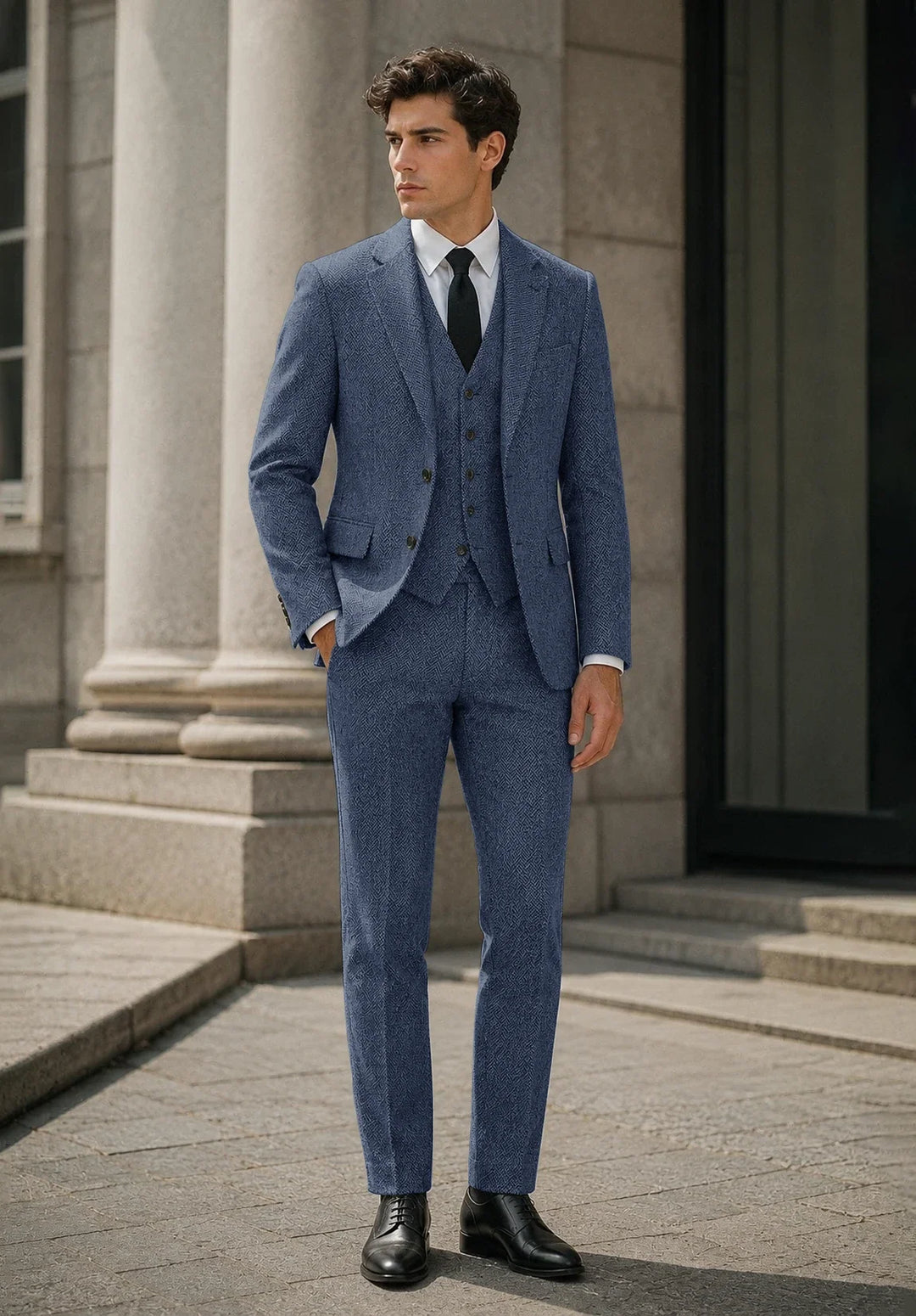 Costume Trois Pièces Homme Coupe Slim en Chevrons avec Col Notch et Gilet Cinq Boutons