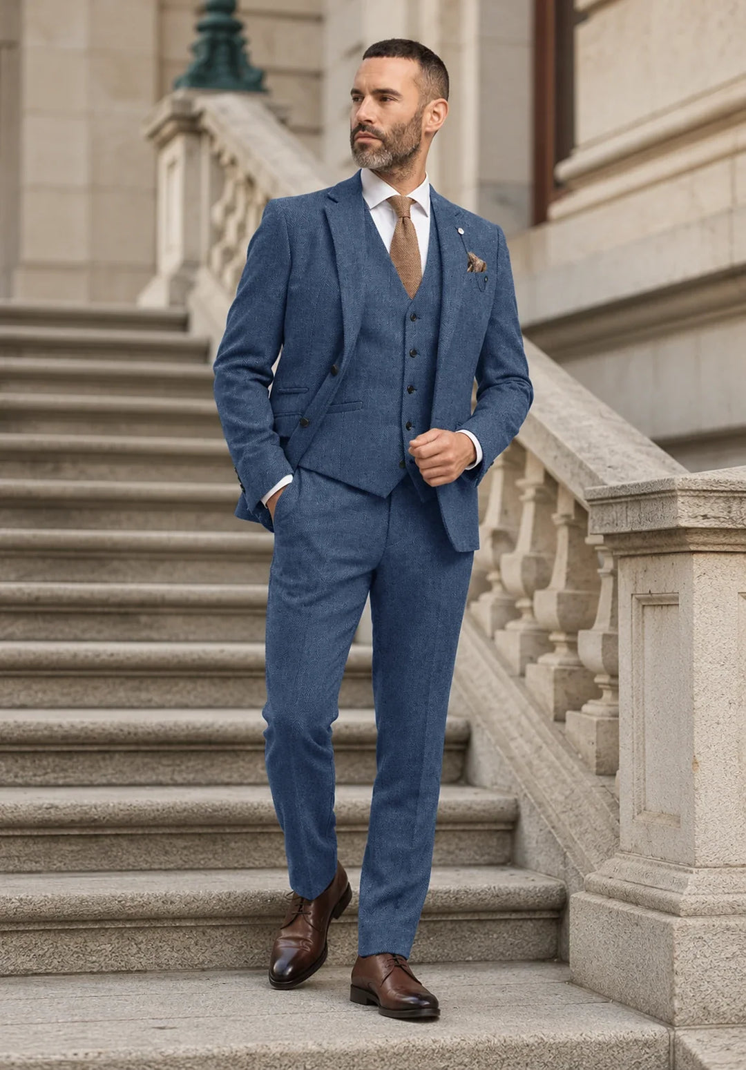 Costume Trois Pièces Homme Coupe Slim en Chevrons avec Gilet et Pantalon Assortis