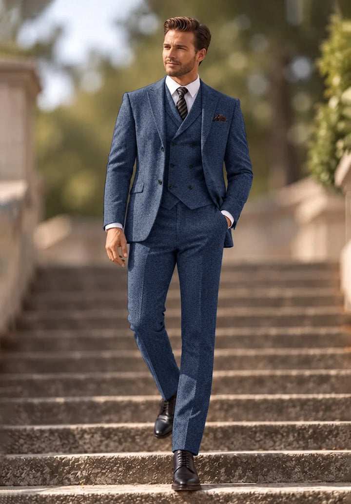 Herenkostuum in drie delen met slim fit in visgraatmotief, met double-breasted vest
