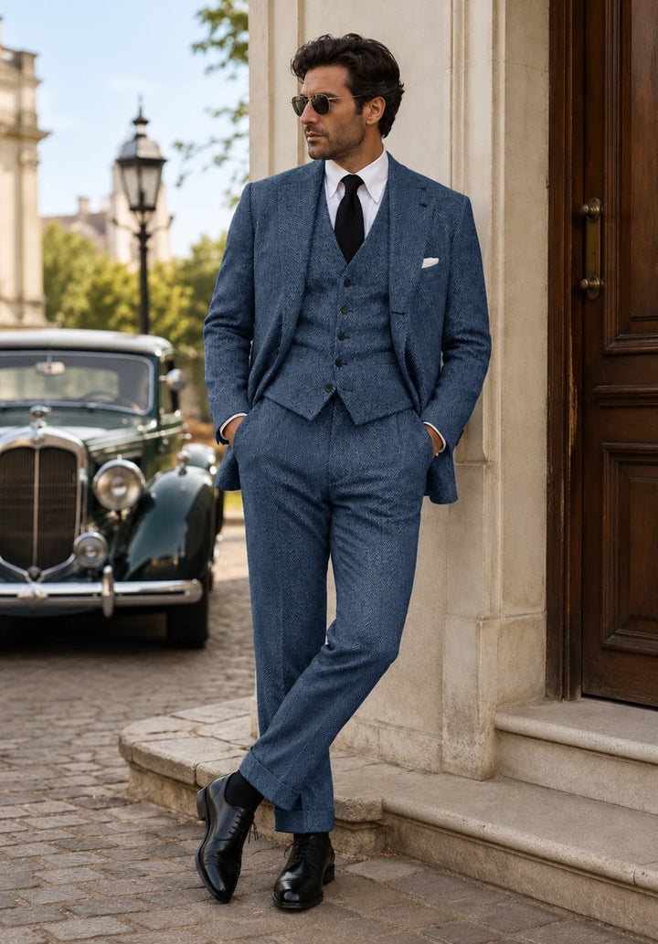 Costume Trois Pièces Homme Coupe Regular en Chevrons avec Gilet et Pantalon Assortis