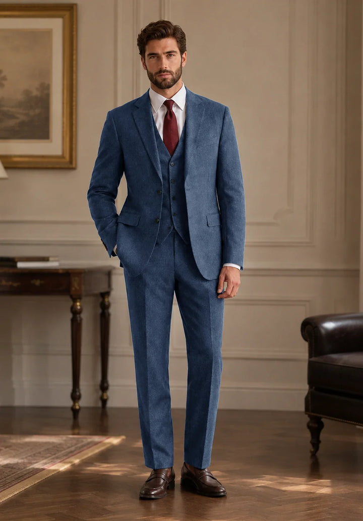Men’s Regular-Fit Three-Piece Herringbone Suit with Buttoned Vest