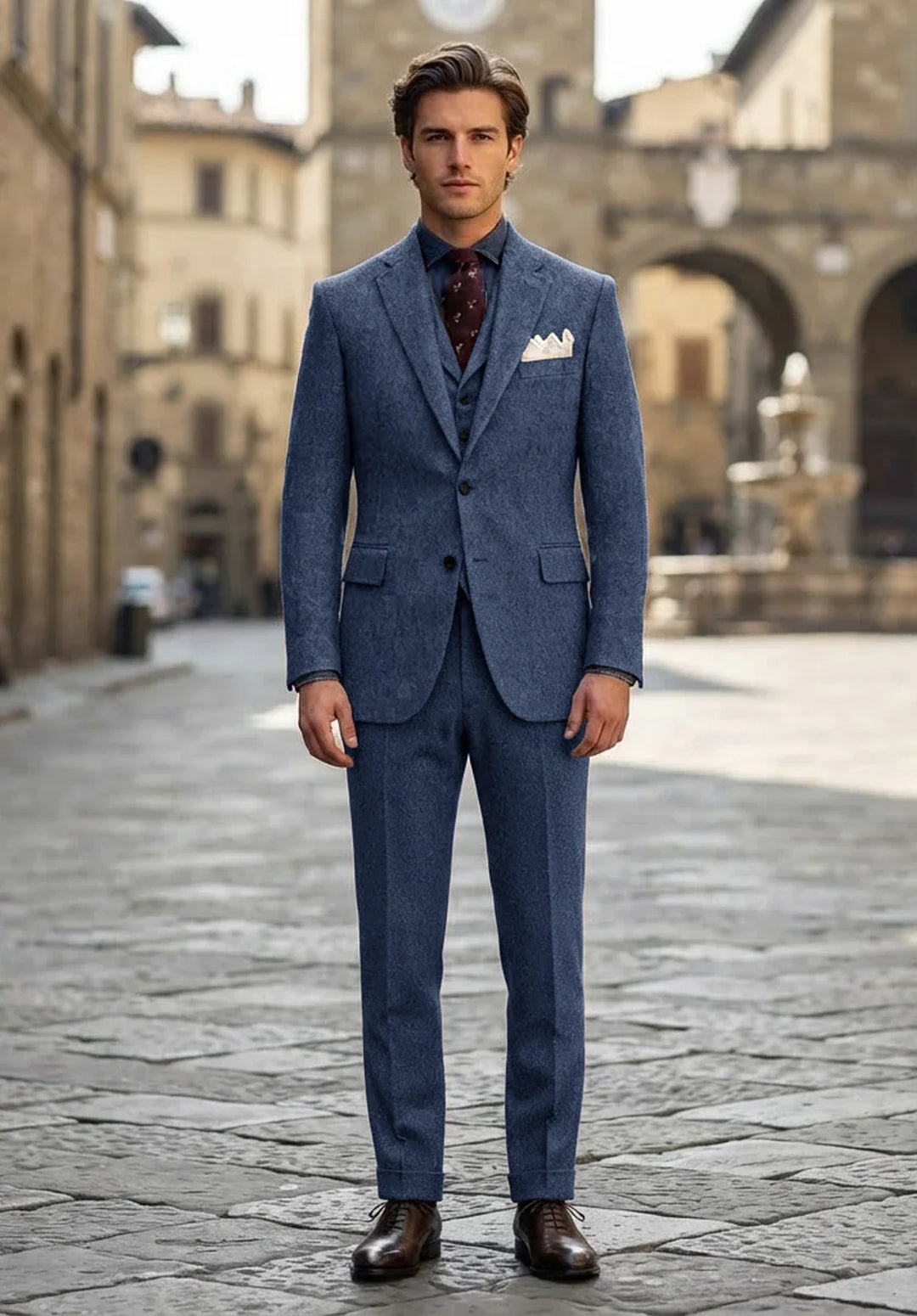 Costume Trois Pièces Homme Coupe Slim en Chevrons avec Col Notch et Poche Poitrine