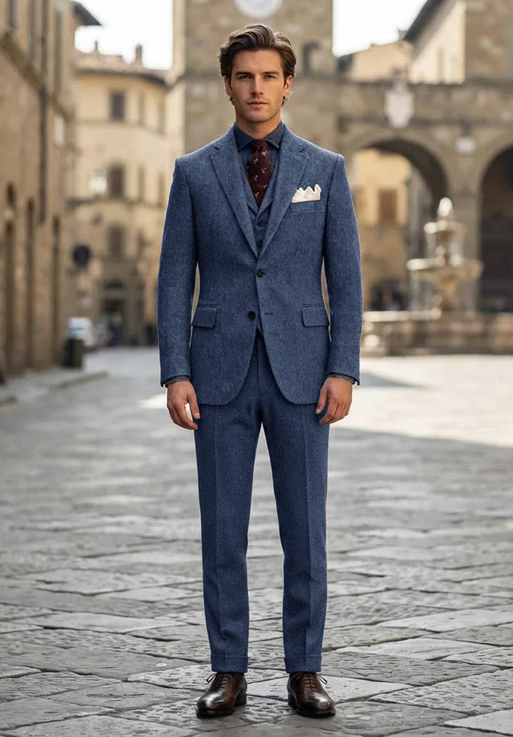 Costume Trois Pièces Homme Coupe Slim en Chevrons avec Col Notch et Poche Poitrine