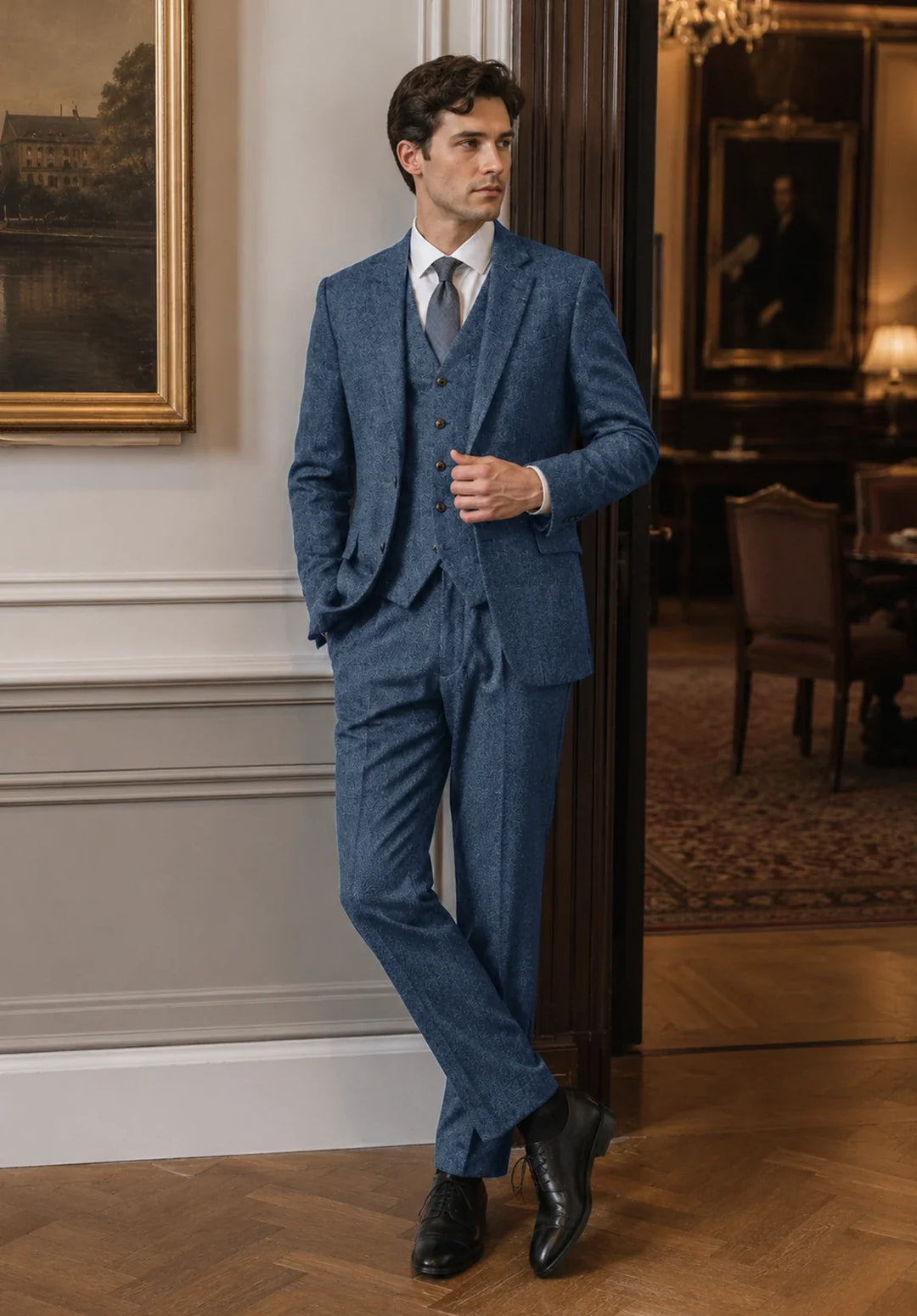 Costume Trois Pièces Homme Coupe Regular en Chevrons avec Col Notch Classique et Gilet Assorti