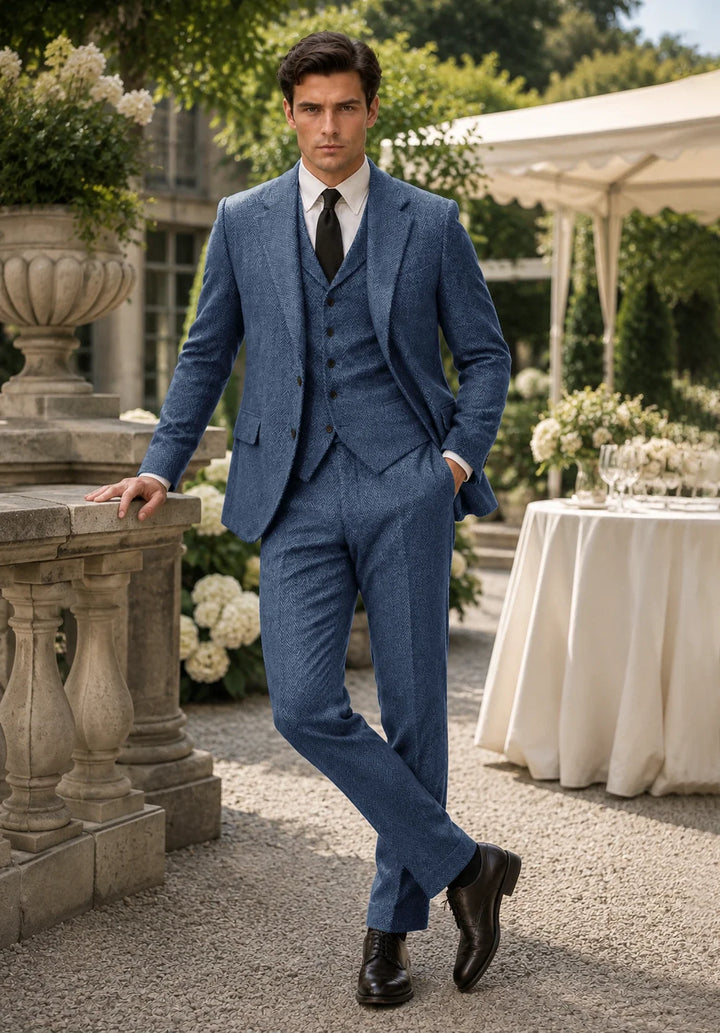 Costume Trois Pièces Homme Coupe Slim en Chevrons avec Col Notch et Gilet Assorti