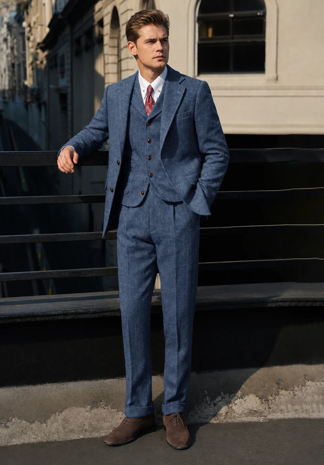 Costume Trois Pièces Homme Coupe Slim en Chevrons avec Ourlets Retroussés et Gilet Boutonné