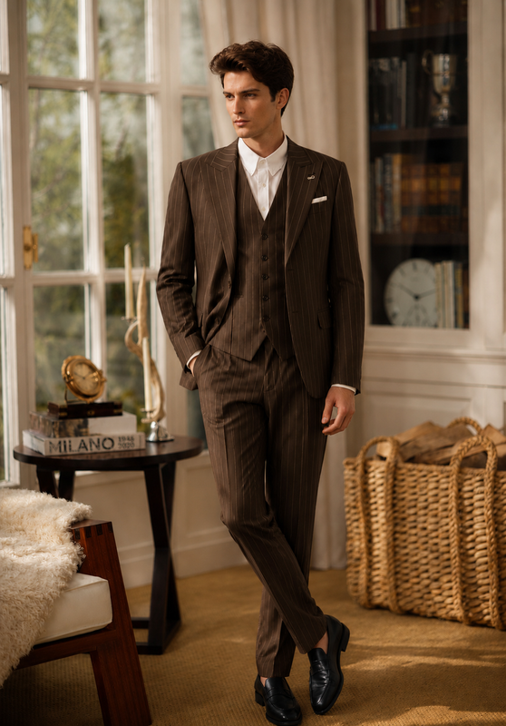 Costume Trois Pièces Homme Coupe Slim à Rayures avec Col Notch et Gilet Cinq Boutons