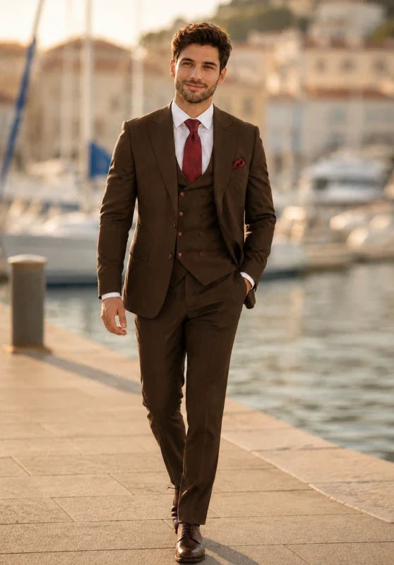 Costume Trois Pièces Homme Coupe Classique avec Col Notch et Gilet Six Boutons