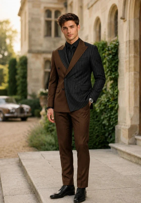 Men’s Two-Piece Striped Suit with Double-Breasted Jacket and Wide Peak Lapels