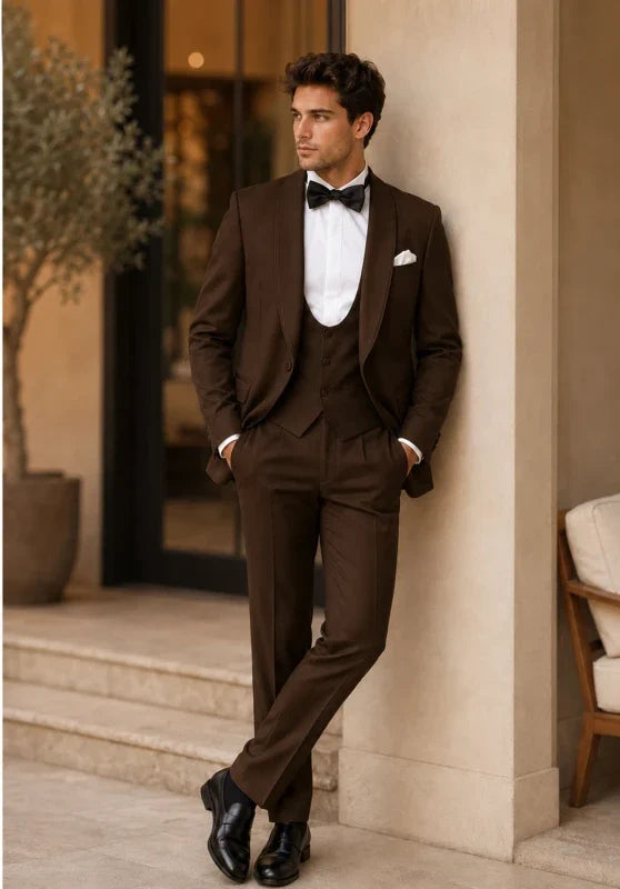 Costume Trois Pièces Homme Coupe Classique avec Col Notch en Satin et Gilet Cinq Boutons