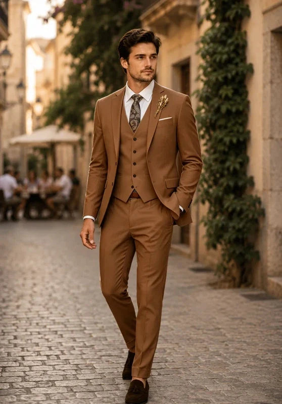 Costume Trois Pièces Homme Coupe Slim avec Col Notch et Gilet Col V