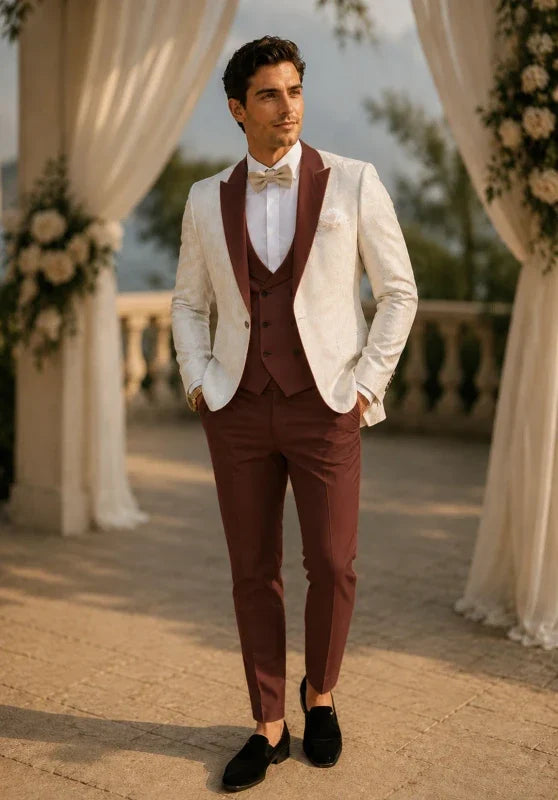 Costume Trois Pièces Homme Coupe Slim en Jacquard avec Col Notch et Gilet Cinq Boutons