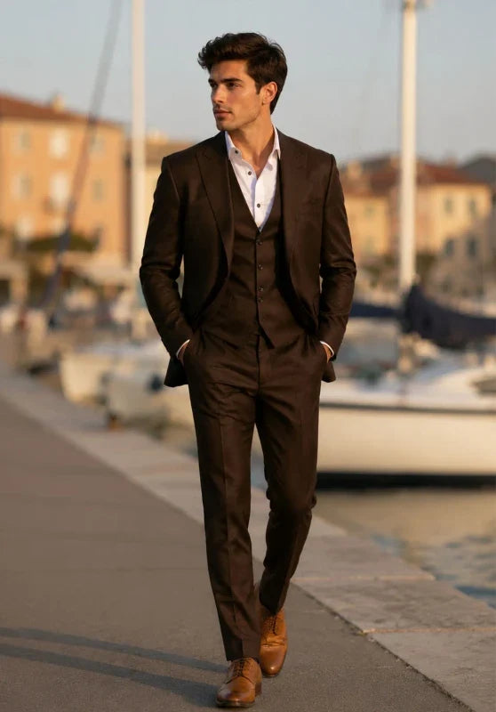 Costume Trois Pièces Homme Coupe Slim avec Col Notch et Gilet Cinq Boutons