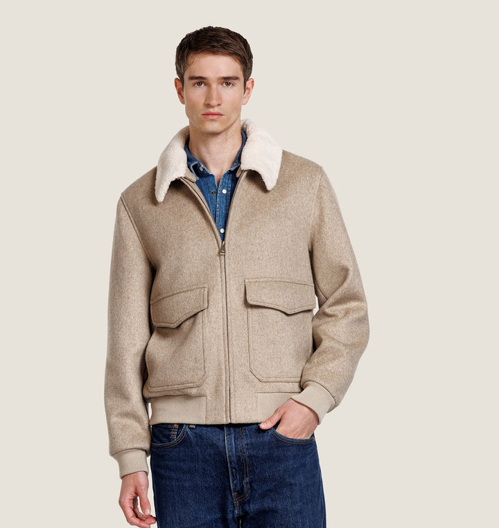 Giacca bomber da uomo - Colletto teddy, tasche con patta e finiture a coste
