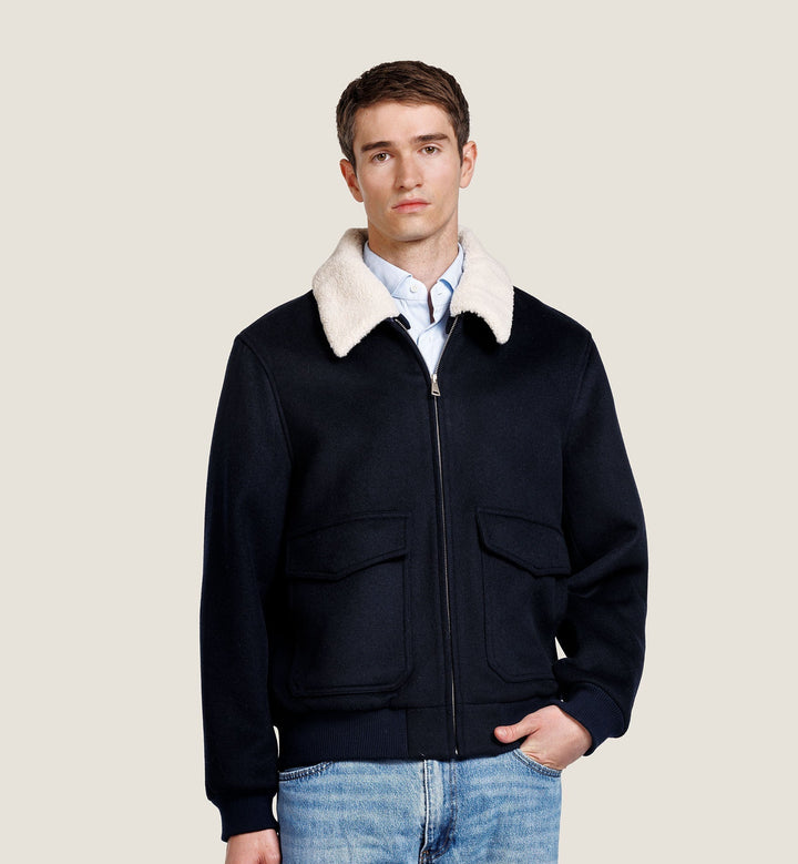 Giacca bomber da uomo - Colletto teddy, tasche con patta e finiture a coste