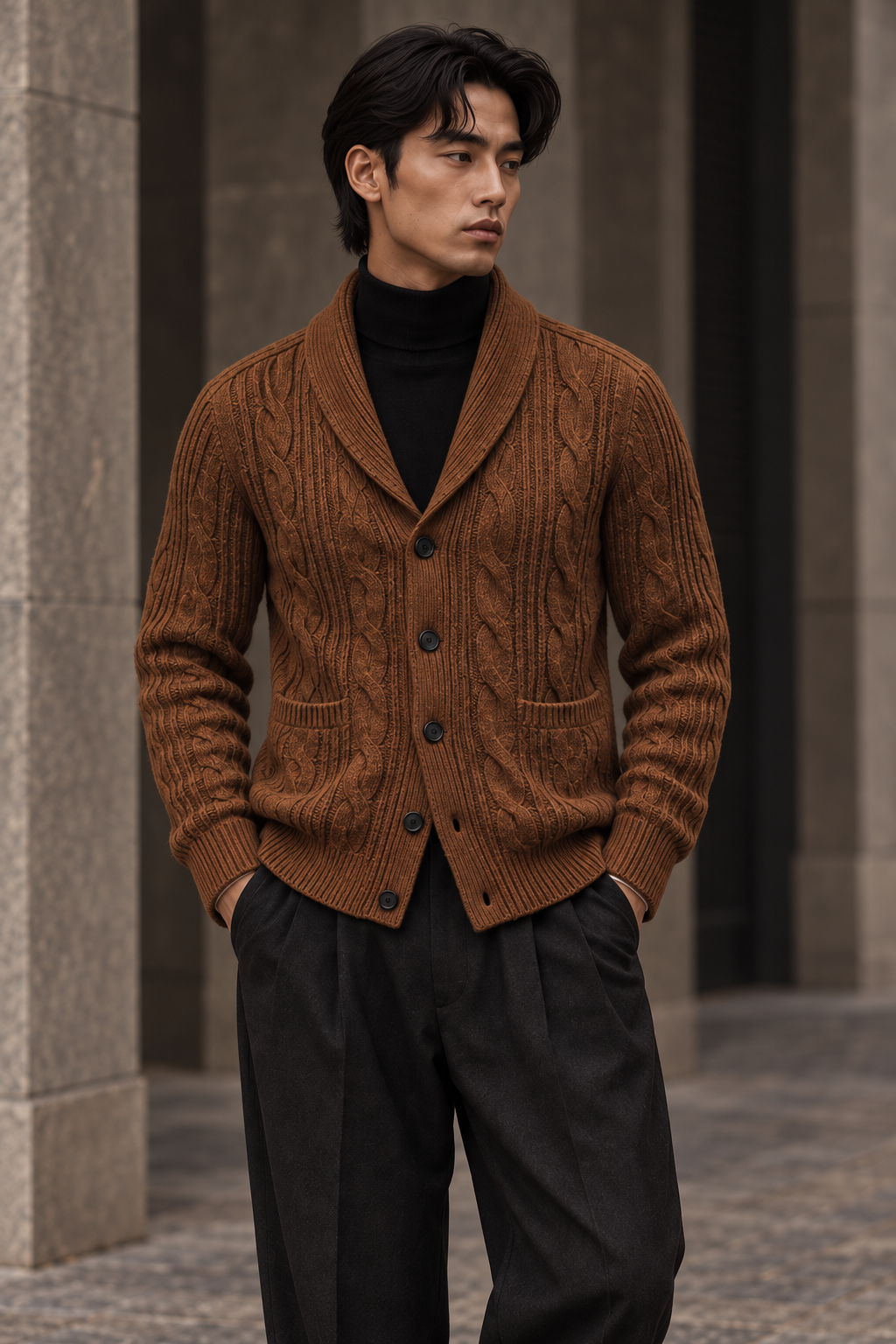 Men's cable-knit shawl-collar cardigan