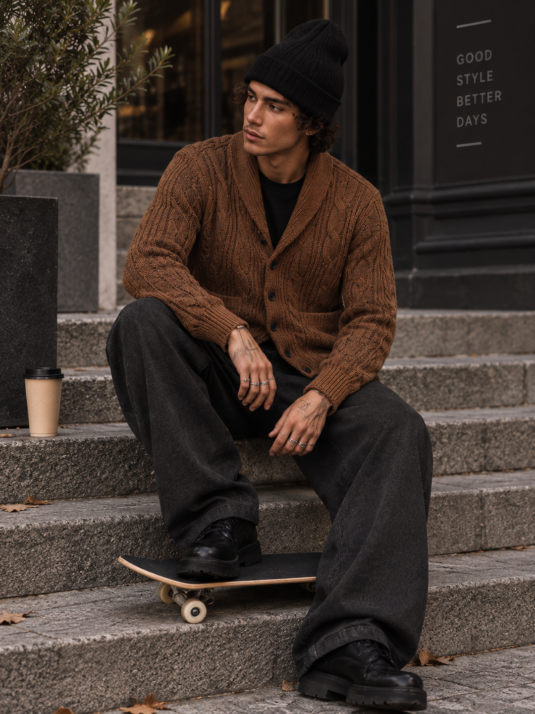 Men's cable-knit shawl-collar cardigan