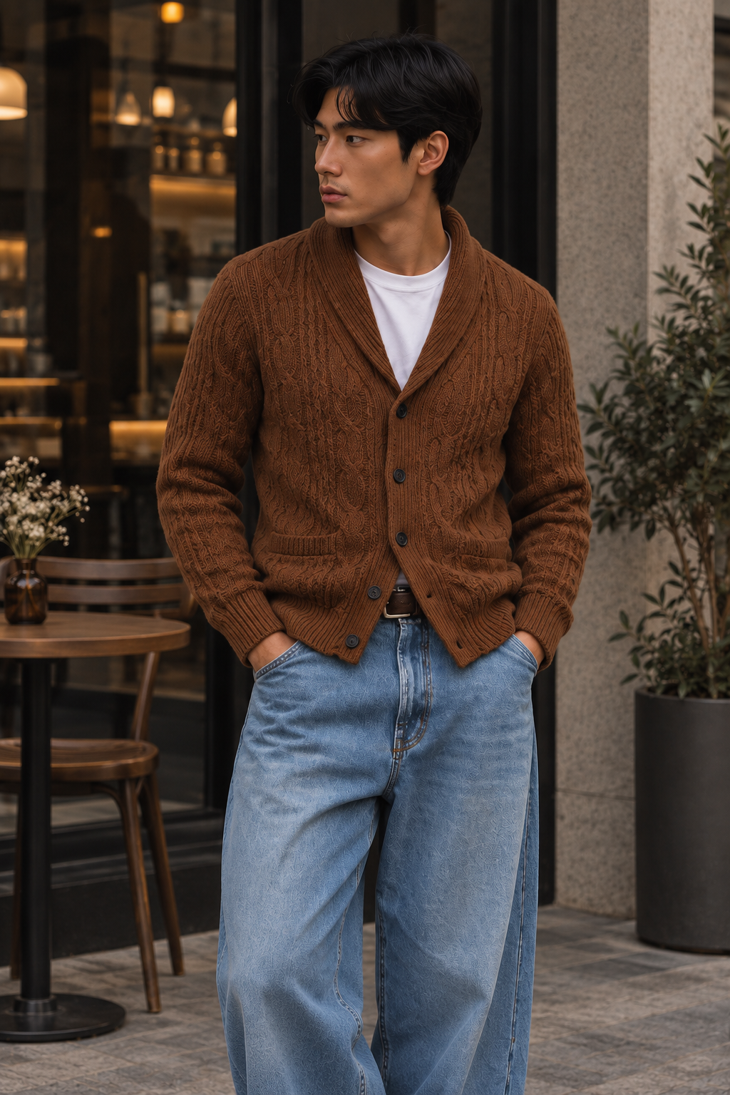 Men's cable-knit shawl-collar cardigan