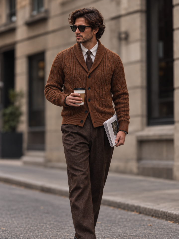 Men's cable-knit shawl-collar cardigan