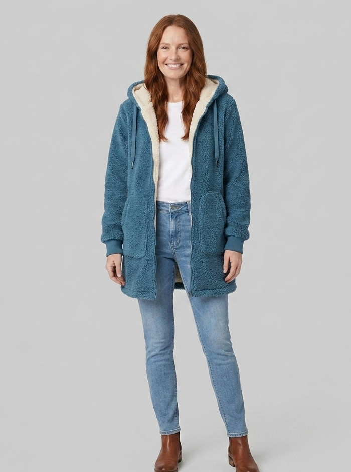 Cappotto donna in denim di media lunghezza foderato in sherpa con cappuccio