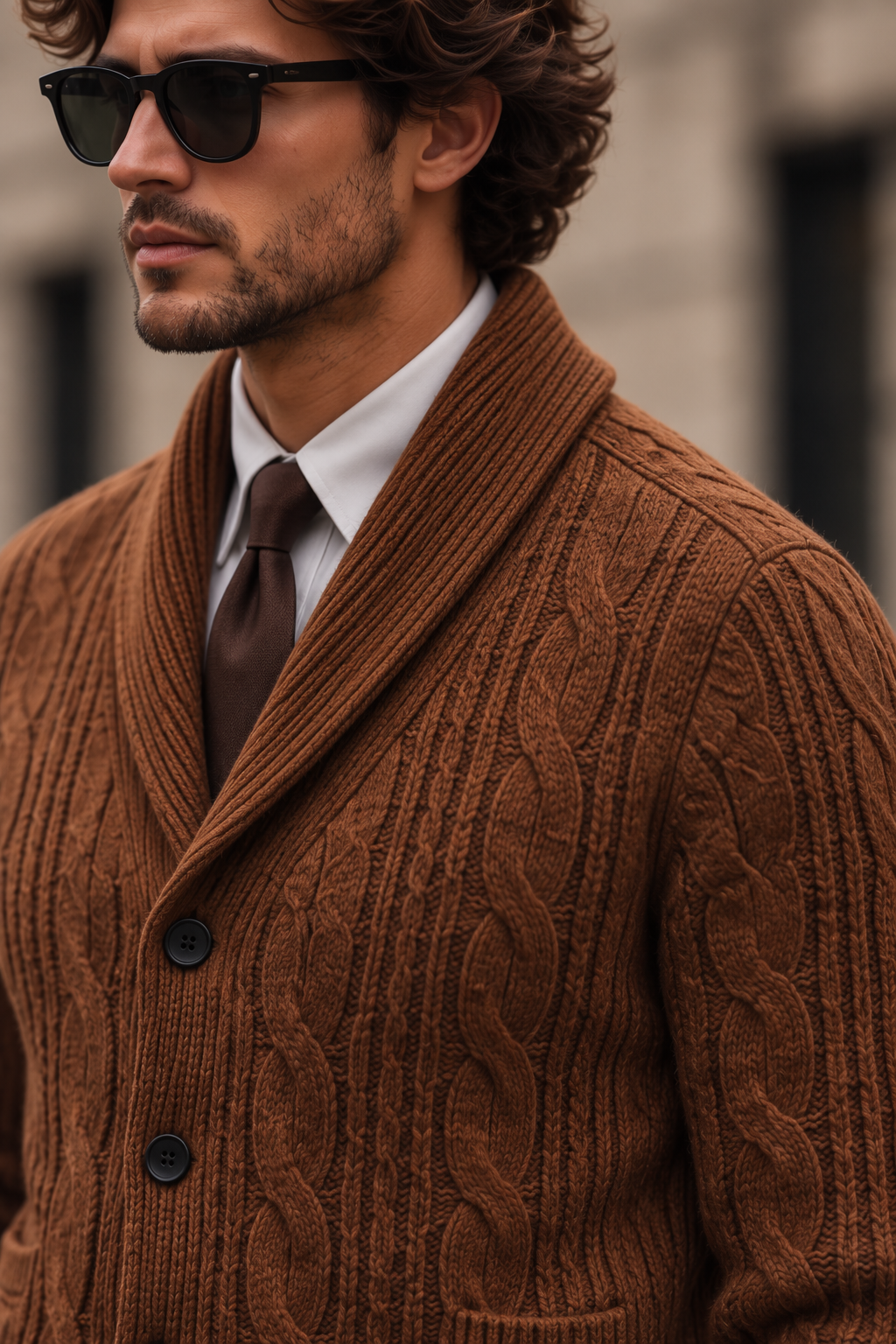 Men's cable-knit shawl-collar cardigan