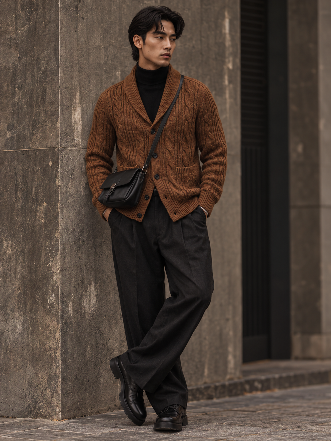 Men's cable-knit shawl-collar cardigan